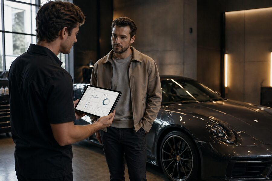 Detailer prezentujący Quick na tablecie w studio detailingowym