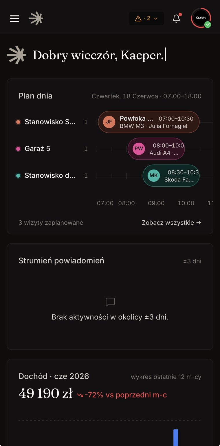 Aplikacja Quick na telefonie — pulpit z planem dnia, powiadomieniami SMS i analityką przychodów.